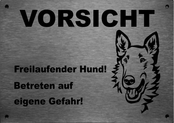 Edelstahl Warnschild Kurzhaarcollie VORSICHT Freilaufender Hund! Betreten auf eigene Gefahr!